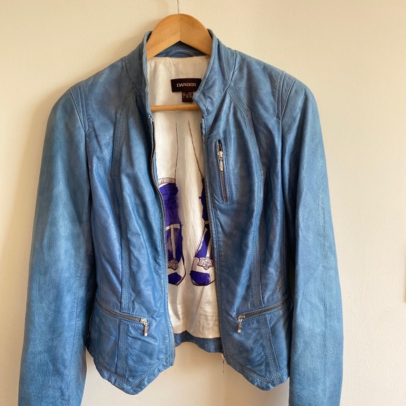 **UNIQUE** Danier Moto Jacket - Genuine Leather - Dusty Blue - Rare Lining -XXS - Picture 1 of 12